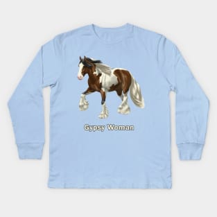 Bay Pinto Gypsy Vanner Horse Gypsy Woman Kids Long Sleeve T-Shirt